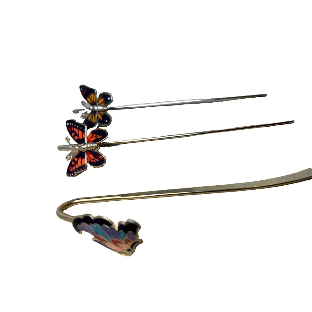 3 Vintage Butterfly Enamel Metal Gold Tone Bookmarks